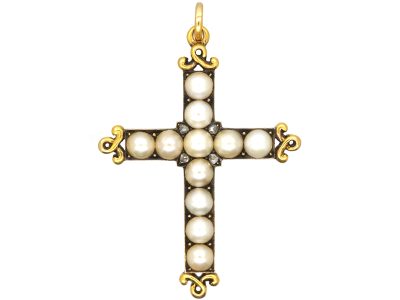 Victorian 18ct Gold Cross set with Natural Split Pearls & Rose Diamonds