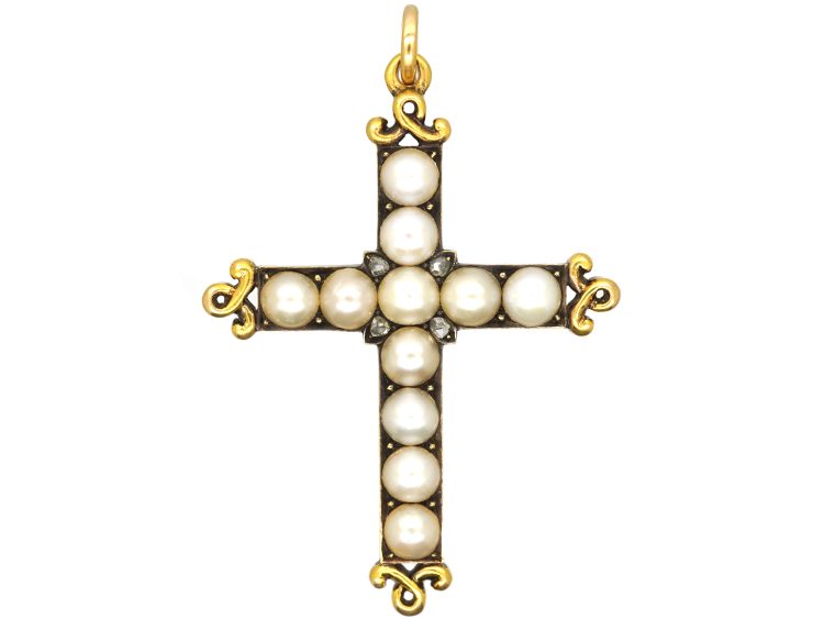 Victorian 18ct Gold Cross set with Natural Split Pearls & Rose Diamonds