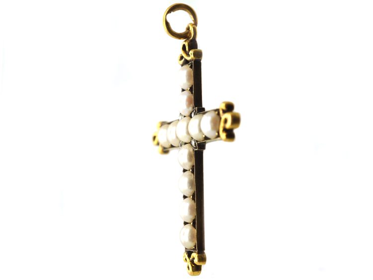 Victorian 18ct Gold Cross set with Natural Split Pearls & Rose Diamonds