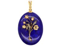 19th Century French 18ct Gold & Blue Enamel Pendant with Flower Motif set with Natural Split Pearls & Rose Diamonds