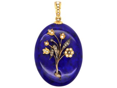 19th Century French 18ct Gold & Blue Enamel Pendant with Flower Motif set with Natural Split Pearls & Rose Diamonds
