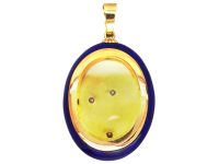 19th Century French 18ct Gold & Blue Enamel Pendant with Flower Motif set with Natural Split Pearls & Rose Diamonds
