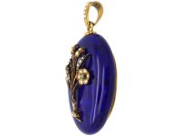 19th Century French 18ct Gold & Blue Enamel Pendant with Flower Motif set with Natural Split Pearls & Rose Diamonds