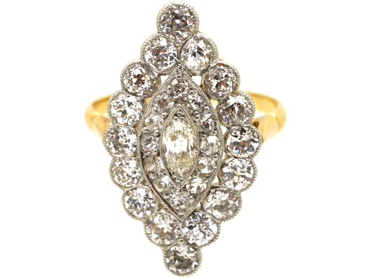 Edwardian 18ct Gold & Platinum Marquise Ring set with Diamonds