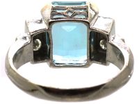 Retro 18ct White Gold Ring set with a Large Aquamarine with Diamond Shoulders