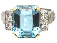 Retro 18ct White Gold Ring set with a Large Aquamarine with Diamond Shoulders
