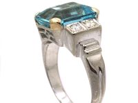 Retro 18ct White Gold Ring set with a Large Aquamarine with Diamond Shoulders