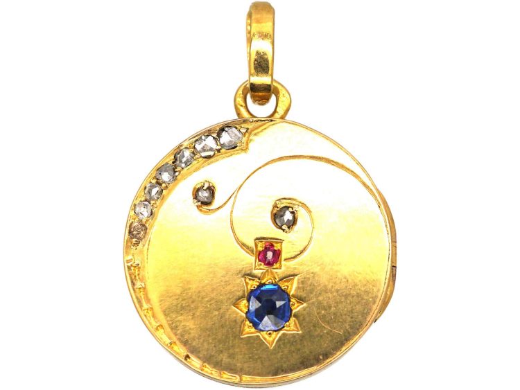 Early 20th Century Austrian 18ct Gold Round Locket set with a Sapphire, Ruby & Rose Diamonds