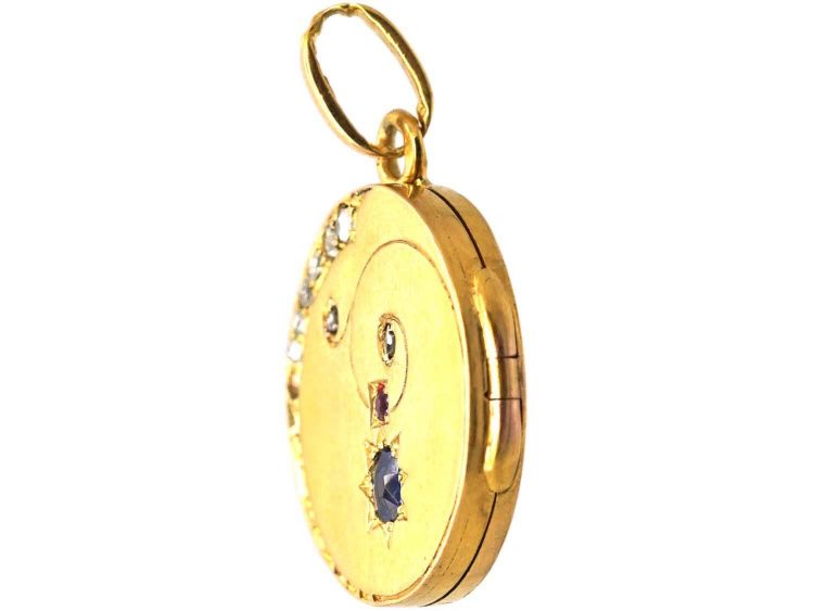 Early 20th Century Austrian 18ct Gold Round Locket set with a Sapphire, Ruby & Rose Diamonds