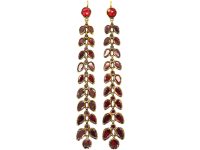 Georgian 15ct Gold Long Drop Leaf Earrings set with Almandine Garnets