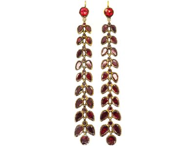 Georgian 15ct Gold Long Drop Leaf Earrings set with Almandine Garnets