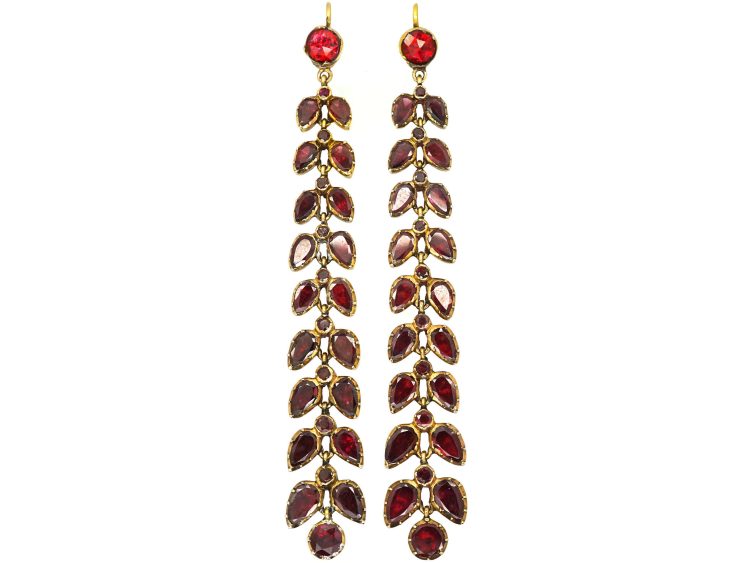 Georgian 15ct Gold Long Drop Leaf Earrings set with Almandine Garnets
