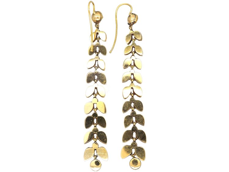 Georgian 15ct Gold Long Drop Leaf Earrings set with Almandine Garnets