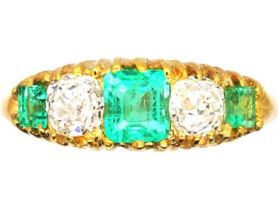 Victorian 18ct Gold Emerald & Old Mine Cut Diamond Five Stone Ring