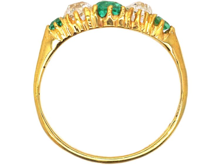 Victorian 18ct Gold Emerald & Old Mine Cut Diamond Five Stone Ring