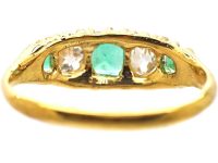 Victorian 18ct Gold Emerald & Old Mine Cut Diamond Five Stone Ring