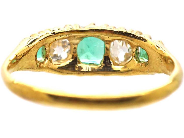 Victorian 18ct Gold Emerald & Old Mine Cut Diamond Five Stone Ring