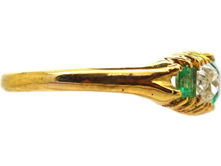Victorian 18ct Gold Emerald & Old Mine Cut Diamond Five Stone Ring