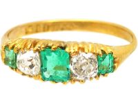 Victorian 18ct Gold Emerald & Old Mine Cut Diamond Five Stone Ring