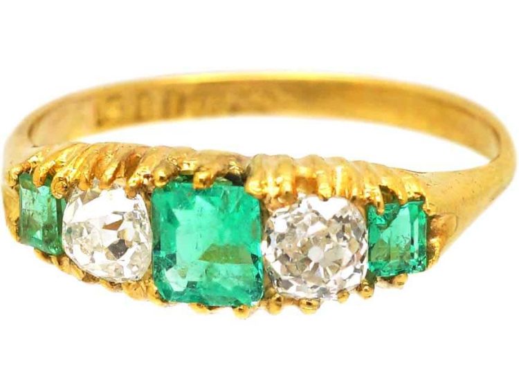 Victorian 18ct Gold Emerald & Old Mine Cut Diamond Five Stone Ring