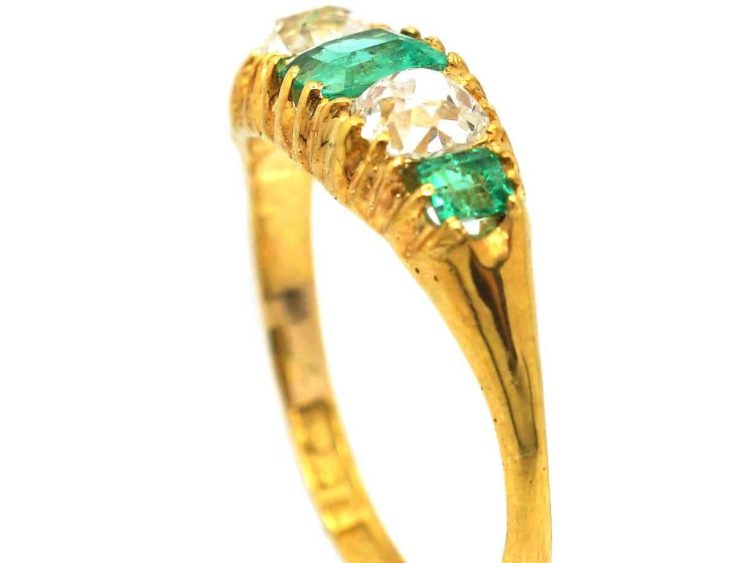 Victorian 18ct Gold Emerald & Old Mine Cut Diamond Five Stone Ring