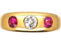 Victorian 18ct Gold, Ruby & Diamond Three Stone Rub Over set Ring