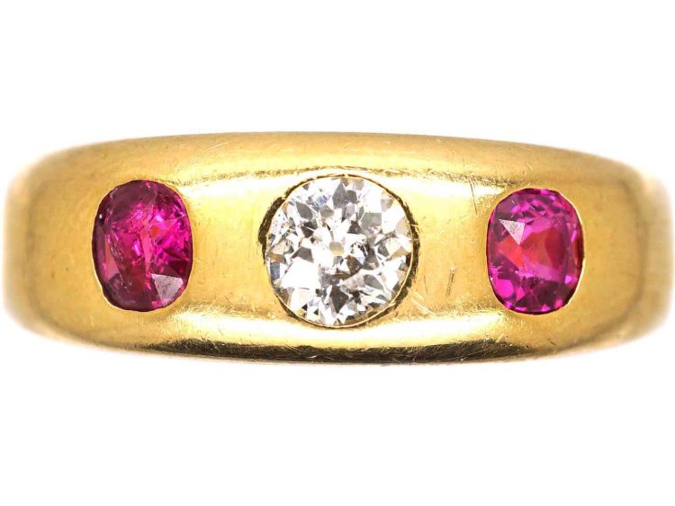 Victorian 18ct Gold, Ruby & Diamond Three Stone Rub Over set Ring