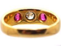 Victorian 18ct Gold, Ruby & Diamond Three Stone Rub Over set Ring