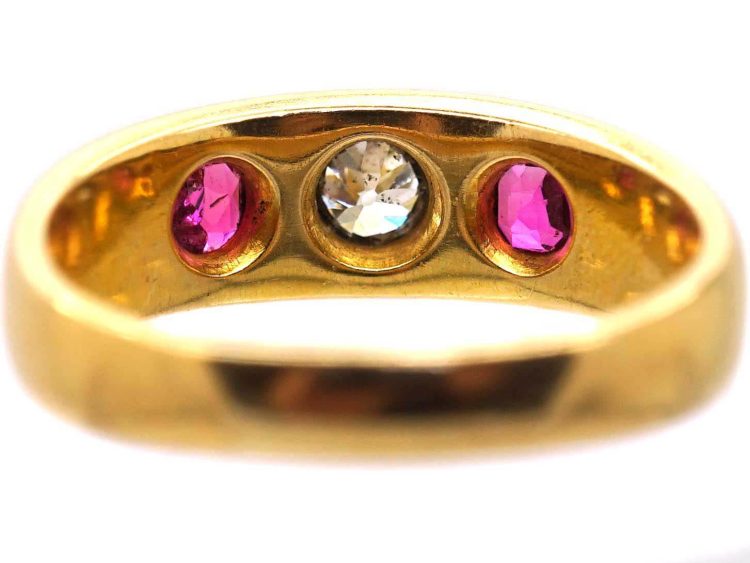Victorian 18ct Gold, Ruby & Diamond Three Stone Rub Over set Ring