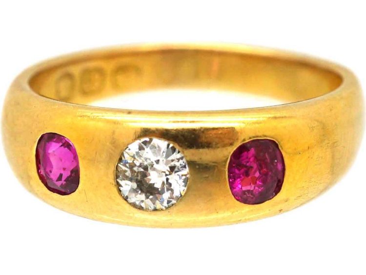 Victorian 18ct Gold, Ruby & Diamond Three Stone Rub Over set Ring