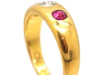 Victorian 18ct Gold, Ruby & Diamond Three Stone Rub Over set Ring