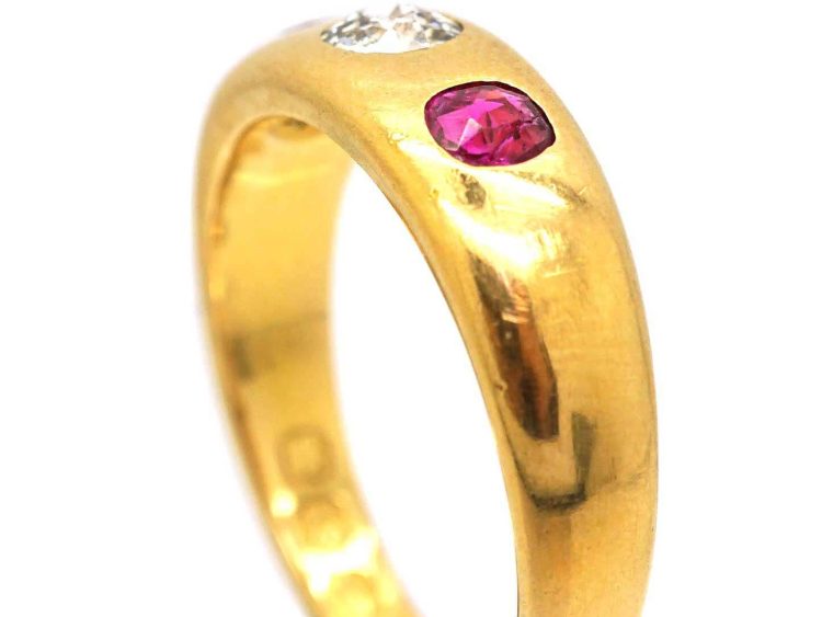 Victorian 18ct Gold, Ruby & Diamond Three Stone Rub Over set Ring