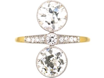 Art Deco 14ct Gold & Platinum, Two Stone Diamond Ring with Diamond set Shoulders