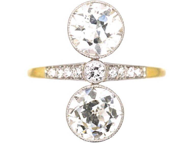 Art Deco 14ct Gold & Platinum, Two Stone Diamond Ring with Diamond set Shoulders