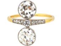 Art Deco 14ct Gold & Platinum, Two Stone Diamond Ring with Diamond set Shoulders
