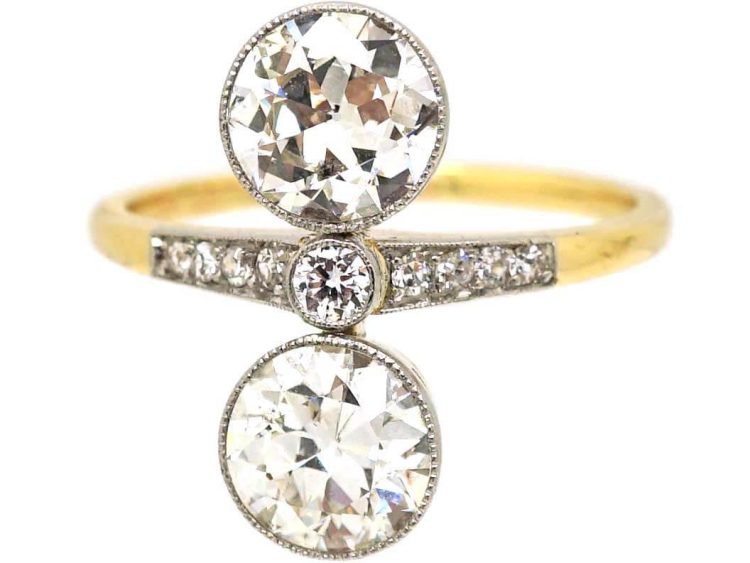Art Deco 14ct Gold & Platinum, Two Stone Diamond Ring with Diamond set Shoulders