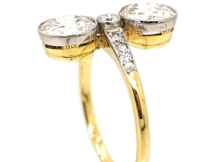 Art Deco 14ct Gold & Platinum, Two Stone Diamond Ring with Diamond set Shoulders