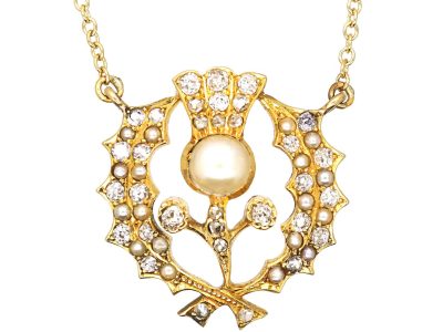 Victorian 15ct Gold Scottish Thistle Pendant on Chain set with a Tay Pearl & Diamonds