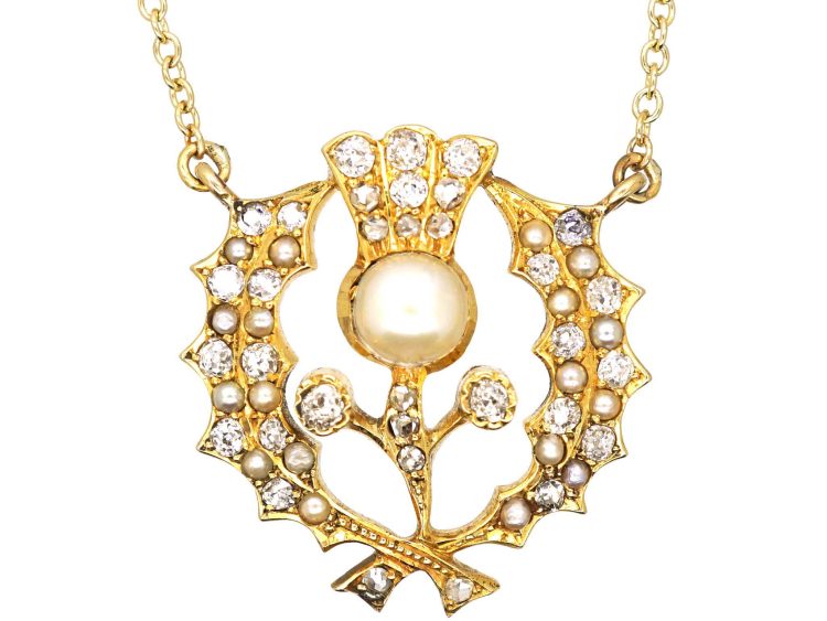 Victorian 15ct Gold Scottish Thistle Pendant on Chain set with a Tay Pearl & Diamonds
