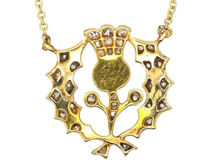 Victorian 15ct Gold Scottish Thistle Pendant on Chain set with a Tay Pearl & Diamonds