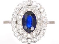 Edwardian Platinum, Sapphire & Two Row Diamond Oval Cluster Ring