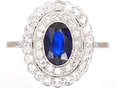 Edwardian Platinum, Sapphire & Two Row Diamond Oval Cluster Ring