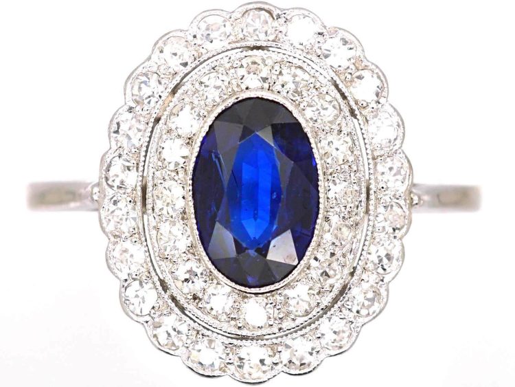 Edwardian Platinum, Sapphire & Two Row Diamond Oval Cluster Ring