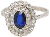 Edwardian Platinum, Sapphire & Two Row Diamond Oval Cluster Ring