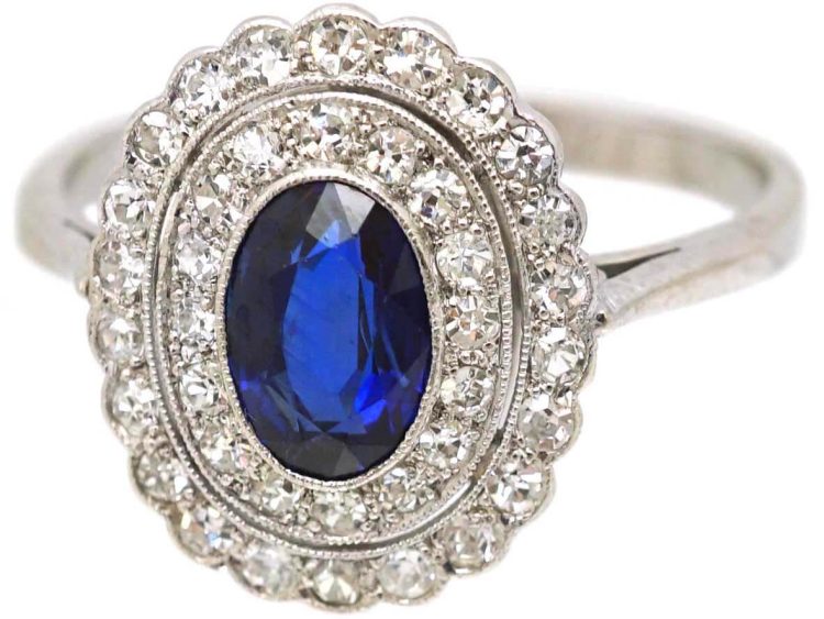 Edwardian Platinum, Sapphire & Two Row Diamond Oval Cluster Ring