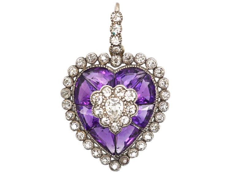 Edwardian 18ct White Gold, Diamond & Amethyst Heart Shaped Pendant