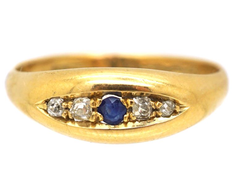 Edwardian 18ct Gold Boat Shaped Ring set with a Sapphire & Diamonds