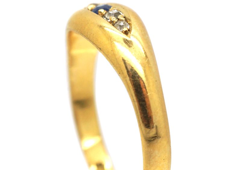 Edwardian 18ct Gold Boat Shaped Ring set with a Sapphire & Diamonds