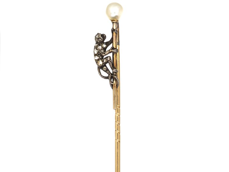 Edwardian Climbing Monkey Tie Pin set with a Natural Pearl & Rose Diamonds in Original Case