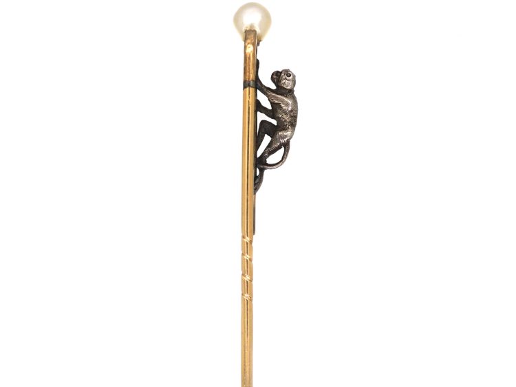 Edwardian Climbing Monkey Tie Pin set with a Natural Pearl & Rose Diamonds in Original Case